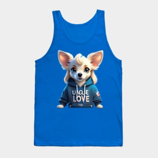 Lovebug in Blue: Adorable White Long-Haired Chihuahua Rocking a Cozy Hoodie Tank Top